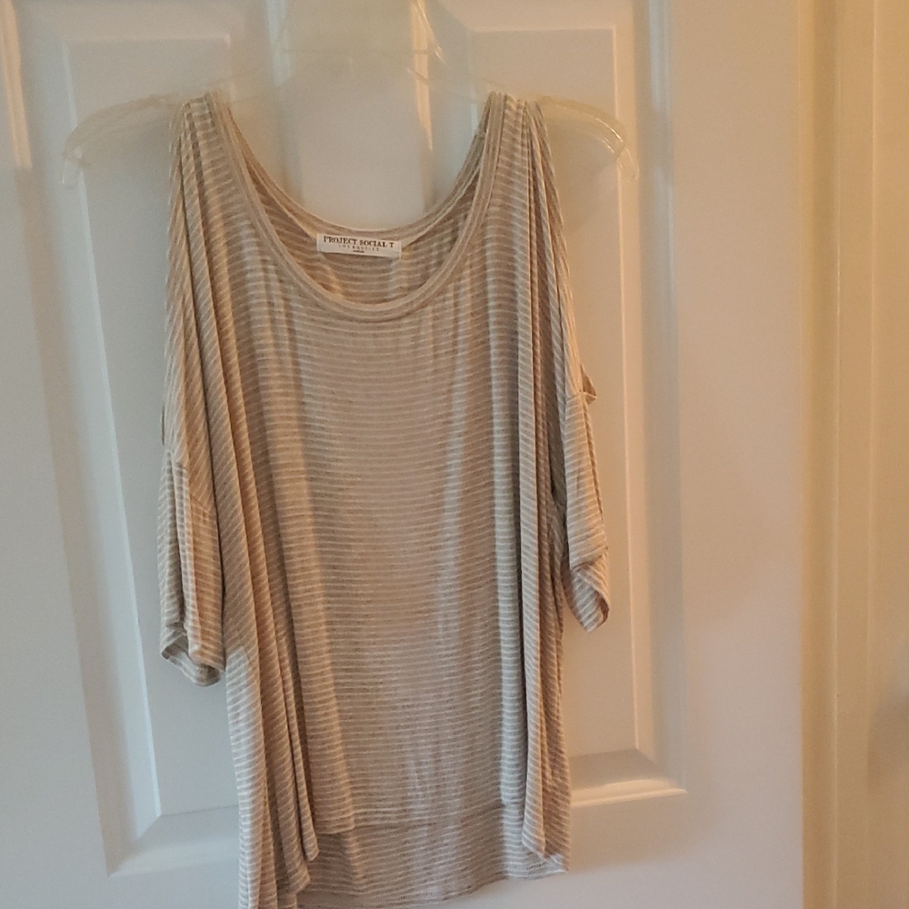 Project Social T Beige Striped Short Sleeve Top